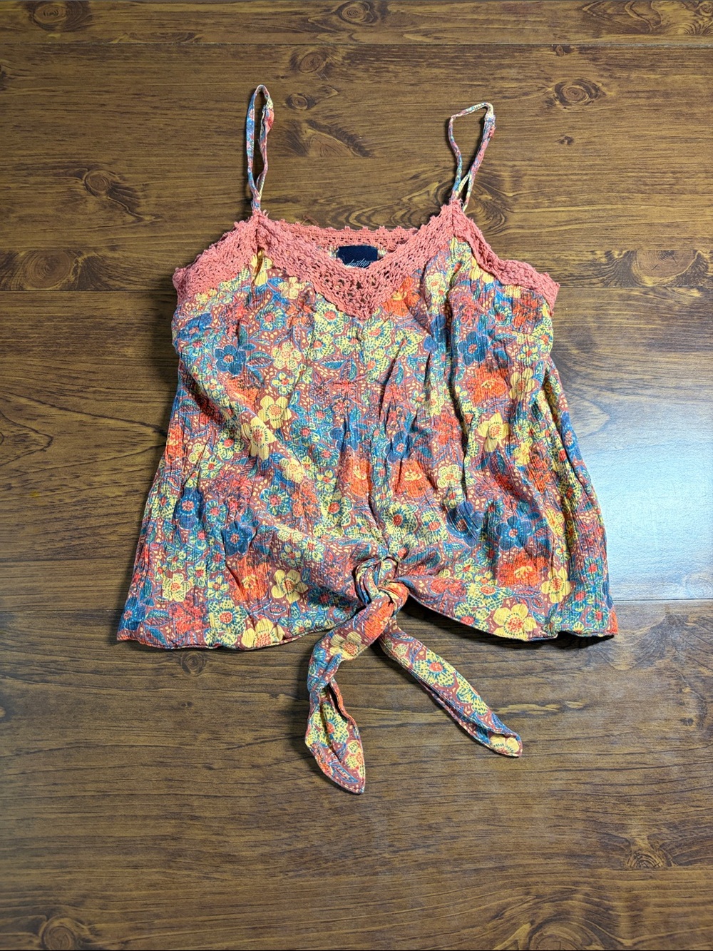 Daytrip Coral-Trim Floral Tie-Front Cami